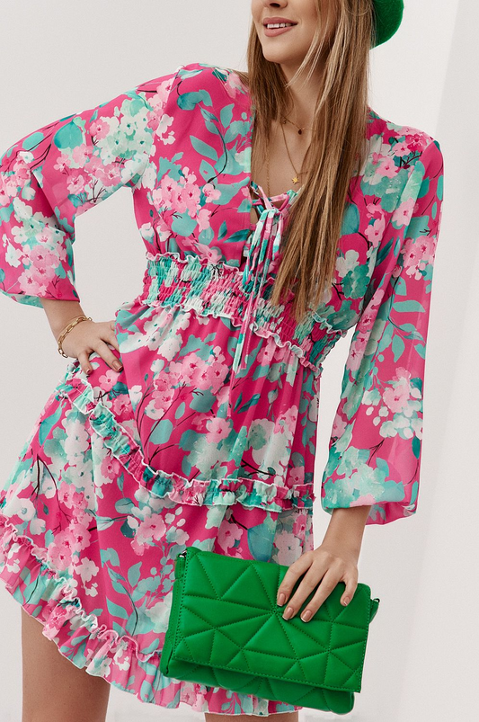 Airy chiffon dress with flowers in pink and green