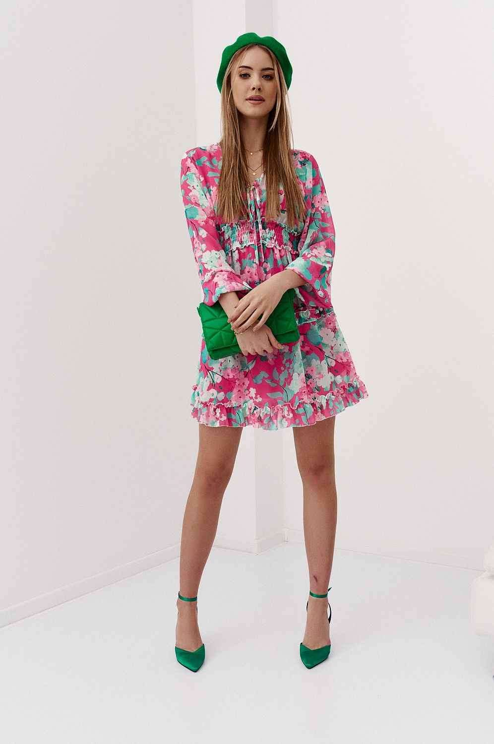 Airy chiffon dress with flowers in pink and green