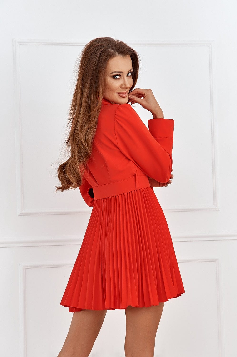 Red zip-up dress with a belt