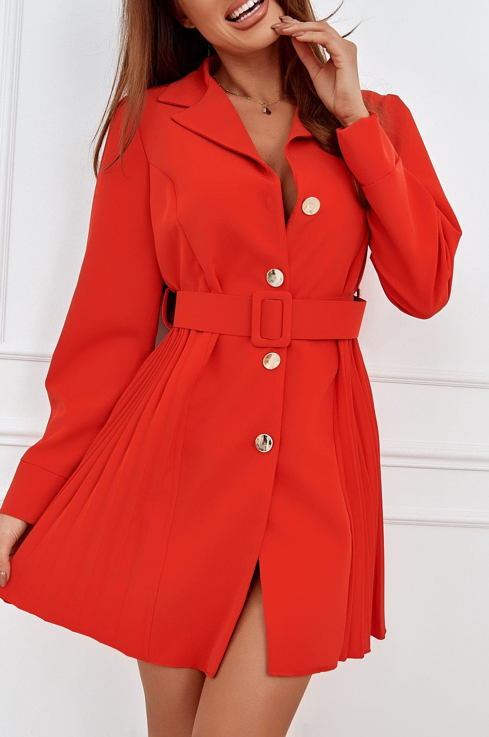 Red zip-up dress with a belt