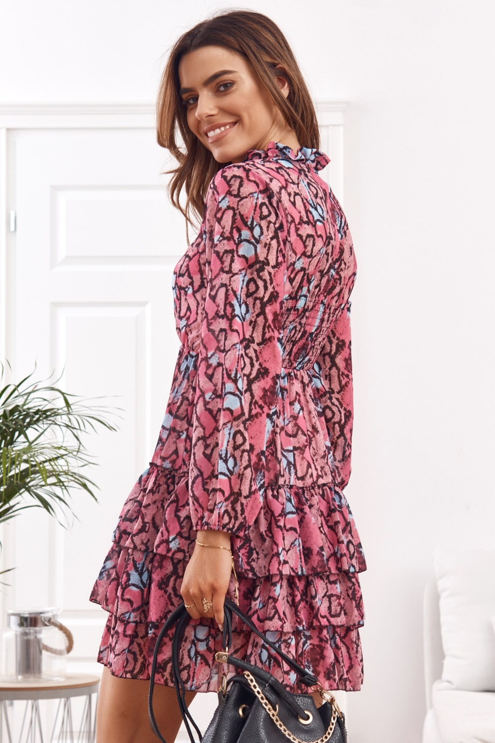 Casual dress with flounces, pink