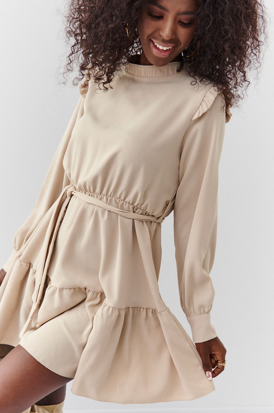 Beige dress with stand-up collar