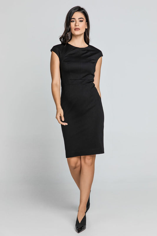 Fitted Black Dress With Cap Sleeves by Conquista Fashion