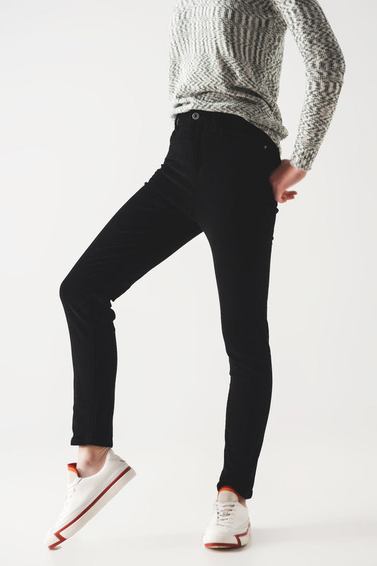Elastic Cotton Skinny Cord Pants in Black