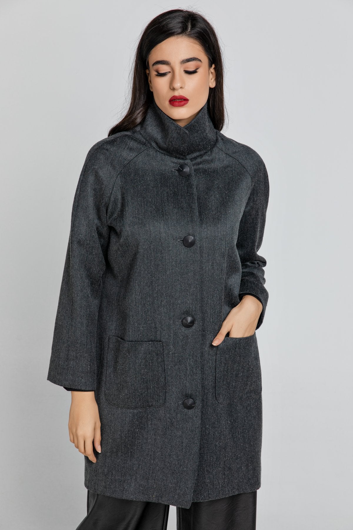 Wool Blend Dark Grey Coat by Conquista Fashion